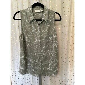Ecothreads Linen Blend Hawaiian Inspired Floral Sleeveless Button-Up Blouse S